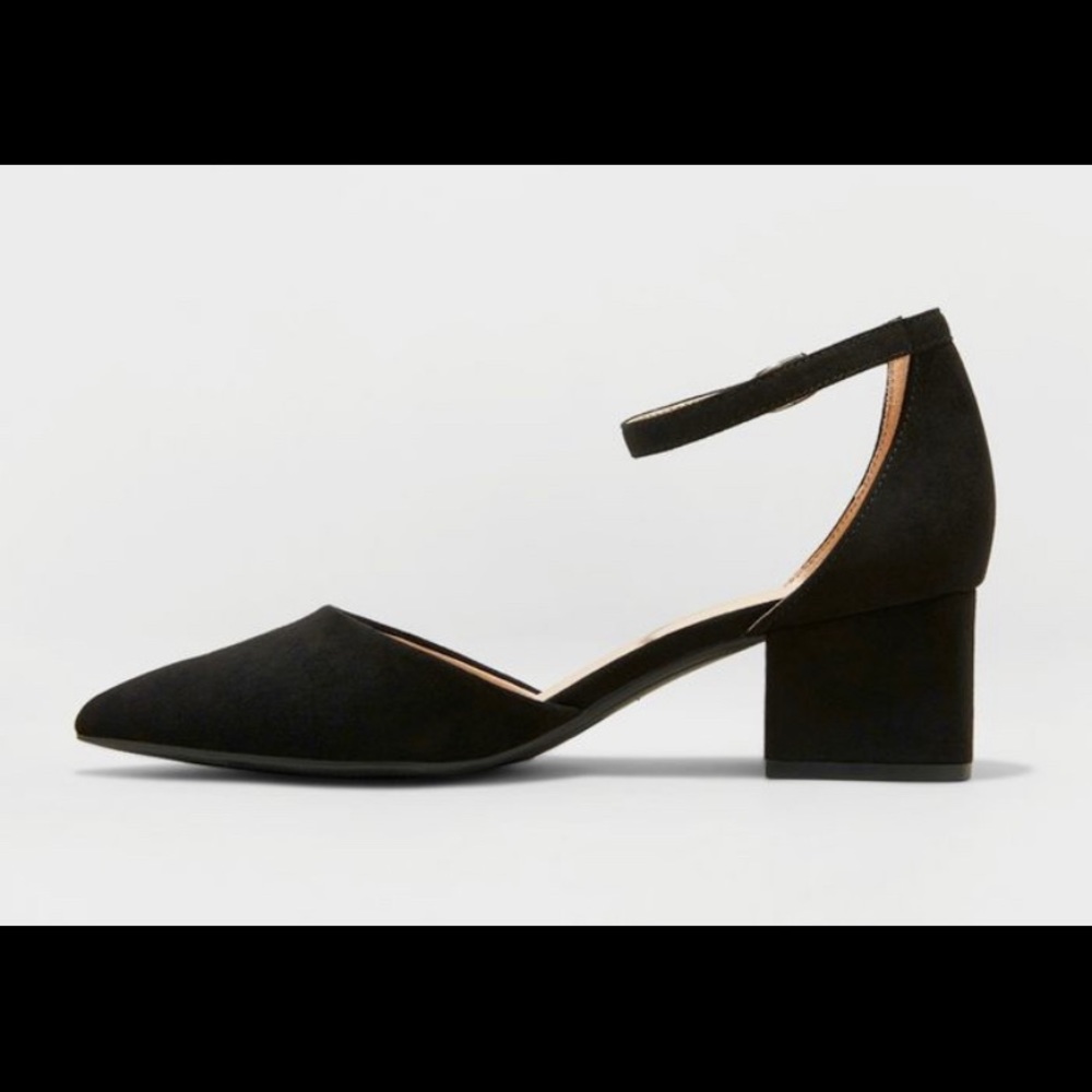 Black Pointed Toe Block Heeled Pumps, 7